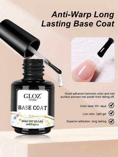 GLOZ 18ml Gel Base Coat, Transparent No-Wipe Gel Nail Polish Base Coat, Long-Lasting, Suitable For DIY Home Gel Manicure UV Curing