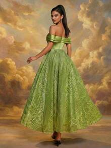 Smilprince Women's Long Party Dress, Sleeveless Off-Shoulder Ruched Design Flare Skirt - Olive Green - View 2