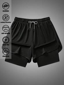 Shorts deportivos 2 en 1 para hombre, unicolor con forro interior, cintura elástica, bolsillos, fitness, regalo para novio - Negro - Ver 3