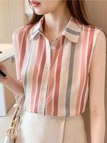 女士无袖条纹衬衫，翻领，涤纶面料，纽扣前襟，常规版型，夏季上衣 - 珊瑚橙 - 查看 8