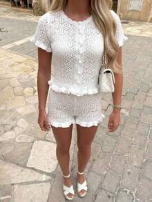 Bộ 2 món đồ nữ mùa hè, áo khoác cardigan không tay khoét lỗ gợi cảm kèm quần short - Bộ 2 món đồ nữ đi nghỉ mát, đồ len móc khoét lỗ gợi cảm ôm sát người. - trắng - Xem 6