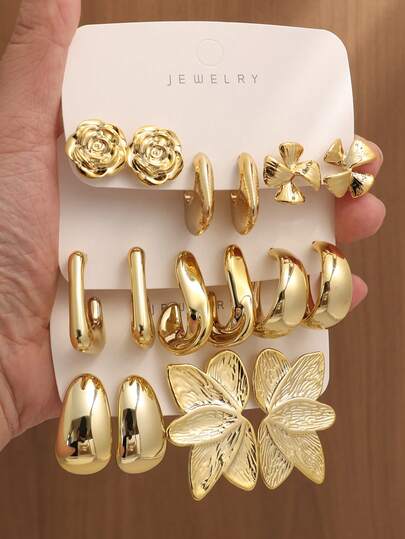 Set di orecchini da donna in metallo dorato con 4/6/16 pezzi di fiori di rosa e motivi geometrici ad ali, set di gioielli per uso quotidiano