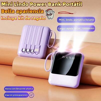 10000mAh Mini Cute Power Bank, Diseño Atractivo Batería Portátil, Carga Rápida 5V2A, 4 Cables Integrados​, Luz LED Ultra Brilla, Gran Capacidad, Ideal para Viajes, Regalo Perfecto para Novia, Display Digital Inteligente