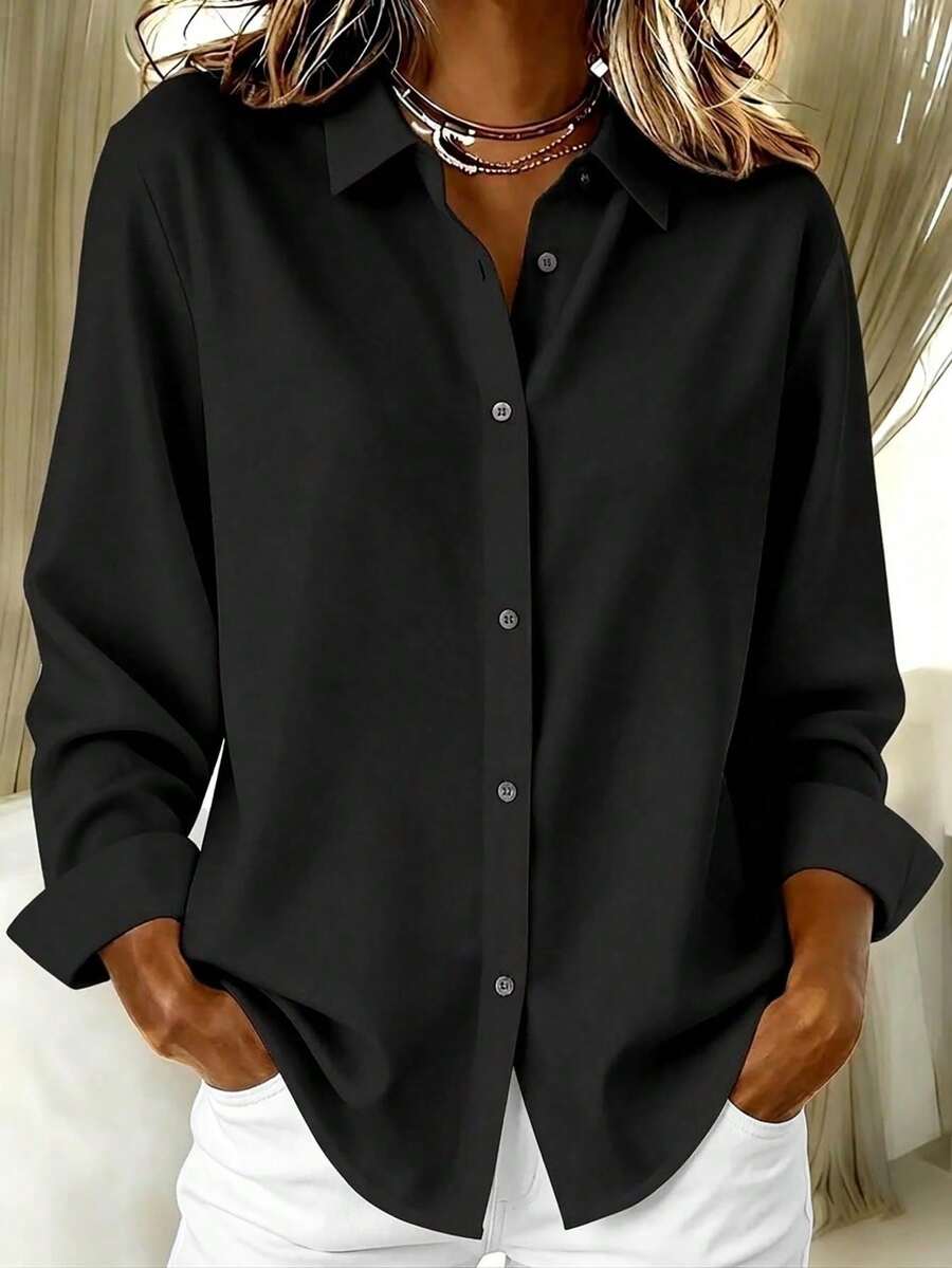 Camisa de manga larga estilo italiano para el Día de la Madre, blusa elegante de unicolor y con botones para mujeres para evitar accidentes de vestuario - Negro - Ver 1