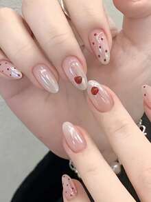 24 miếng dán móng tay ngắn màu đỏ chấm bi hình quả anh đào và hạnh nhân + 1 gel dán + 1 dụng cụ mài móng. - Đỏ - Xem 1