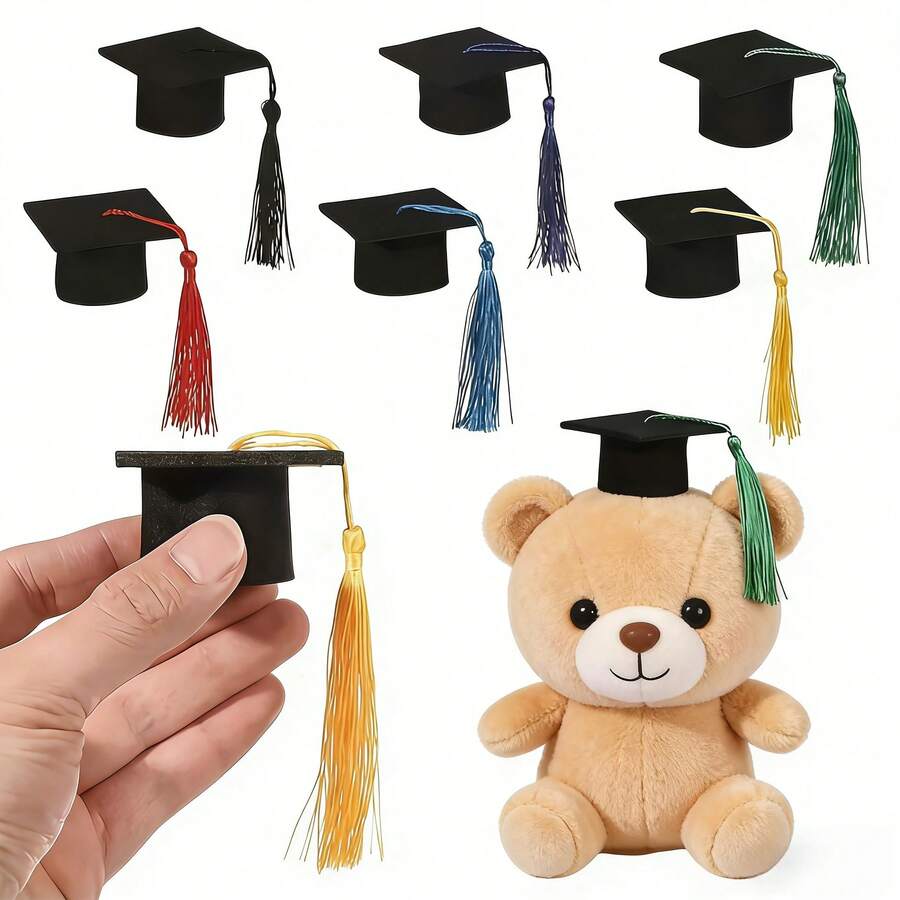 Set de 6 tapas de botella con borla en forma de birretes de graduación - Birretes de bachiller, accesorios de birretes doctorales. Ornamentos de botella de vino de fieltro, birretes de graduación en miniatura para decoraciones de fiesta de graduación. Adecuado para accesorios de fotos de atuendo de graduación, decoraciones de fiesta de graduación, suministros de fiesta de graduación universitaria, decoraciones de escena de graduación, decoraciones de botellas de fieltro, recuerdos de fiesta. - Ver 1