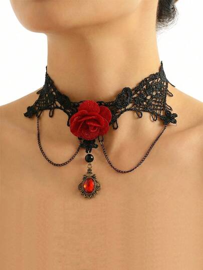 1件装女士复古暗黑哥特玫瑰流苏项链，蕾丝颈链