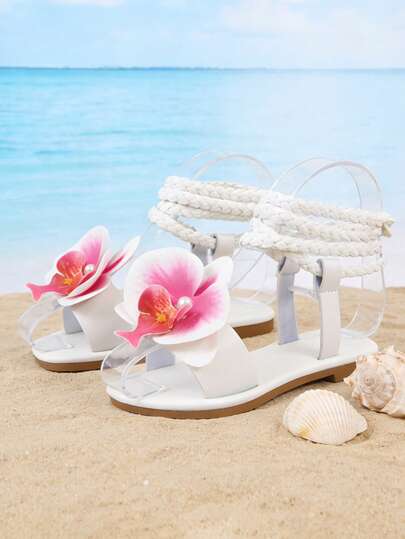 女童平底凉鞋，编织踝带，饰以花朵和珍珠点缀 - 夏季沙滩鞋