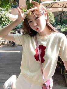 夏季新款杏色法式浪漫针织T恤，短款宽松修身，上镜休闲百搭女童上衣 - 杏色 - 查看 1