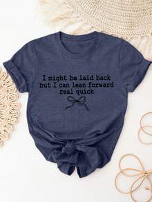 ELYSIAN WEAR 180G Women's T-Shirt Casual Loose Fit Round Neck Short Sleeve Graphic Print I Might Be Laid Back But I Can Lean Forward Real Quick Funny Quote Top For Everyday Wear Comfortable Soft Cotton Blend Suitable For Women Who Love Humor And Relaxed Style - 藏蓝色 - 查看 1