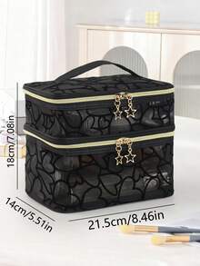 1pc Luxury Star Zipper Double-Layer Makeup Bag, Black Flocked Heart Net Mesh Makeup Pouch, Bridal Bride Makeup Bag, Dual-Layer Compartment Cosmetic Storage Handbag, Bridesmaid Large Capacity Makeup Organizer - Multicolor - View 12