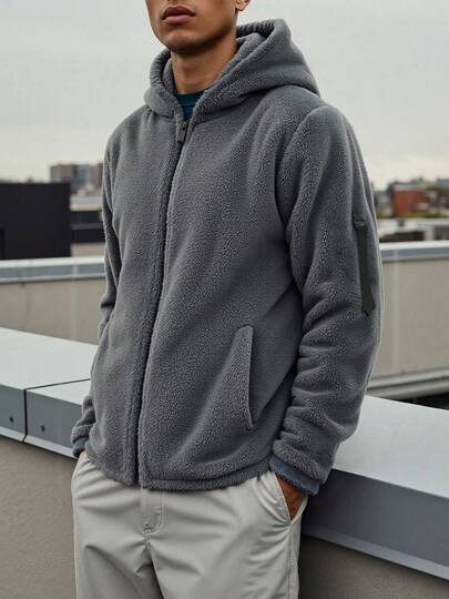 男士纯色简约双面抓绒连帽休闲拉链外套，男士秋冬双面羊羔绒保暖外套，轻便保暖拉链连帽衫，适合户外运动、休闲街头风、旅行和寒冷天气防护