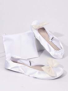 Nuevas bailarinas de boda blancas para mujer, con sensación de descalzo y ligero, con decoración de lazo, moda femenina casual, suave y cómoda, versátil y clásica, adecuada para uso en interiores, zapatos de ballet plegables y de fácil deslizamiento - Blanco - Ver 6