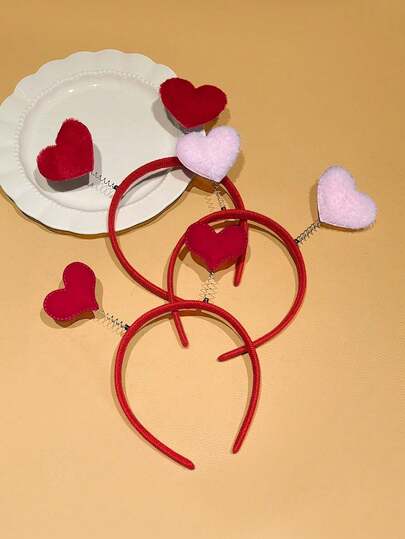 红色和粉色3D立体爱心毛绒发箍，甜美可爱情人节发箍，适合节日派对、日常佩戴和情人节礼物