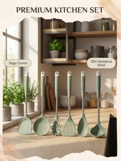 6件套硅胶厨房用具：耐热、耐刮擦，不会损坏厨具。适用于翻炒、盛汤、舀取蔬菜、盛餐等。采用硅胶材质，是日常烹饪和周末聚餐准备的必备套装。