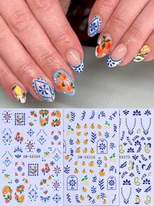 3pcs 3D Fruit Nail Stickers, Orange Lemon Blue Geometric Pattern Diamond & Circle French Design, Summer Spring 3D Self-Adhesive Nail Art Decals For Salon & DIY - Multicolor - View 2