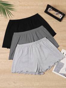 3pcs Set Spring/Summer Minimalist Ruffle Hem Shorts & 3pcs Set Solid Color Comfortable Lounge Pants - Multicolor - View 3