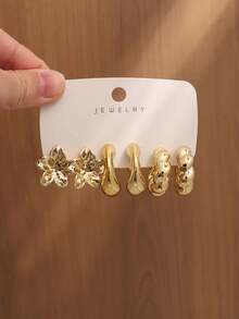 6/18pcs Fashionable Floral & Geometric Multi-Element Gold Metal Earring Set, Women's Stylish Earring Set, Suitable For Daily Wear (Lightweight CCB Material, Non-Fading) - Gold - View 9