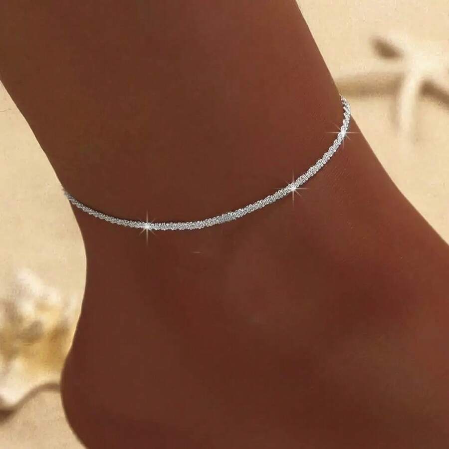1pc Minimalist Elegant Versatile Shimmering Silver Chain Anklet, Suitable For Daily, Vacation, Party Wear - Silver - View 1