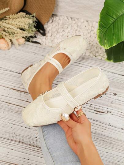 New Lace Trim Mesh Mary Jane Shoes, Beige, Breathable Low-Top Slip-On Shoes For Women