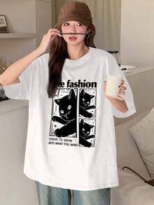 Camiseta holgada y casual de mujer con estampado de gato y letras, tops lindos, camisetas gráficas, atuendos de maestro - Blanco - Ver 2