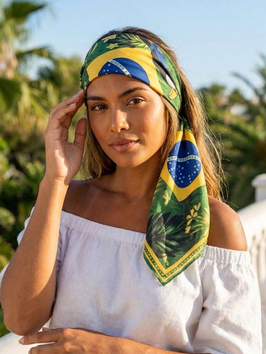 Women's Printed Bandana Scarf Top - Versatile For Hair, Neck, Or Cropped Top - Tropical Look - Brazil xanh - Xem 1