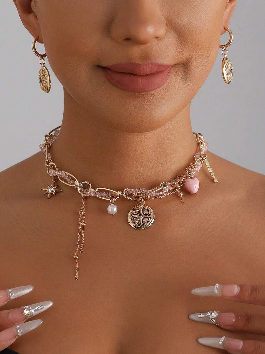 Retro Geometric Heart-Shaped Fishbone Pattern Hollowed-Out Crystal Necklace & Earrings Accessory - Multicolor - View 1