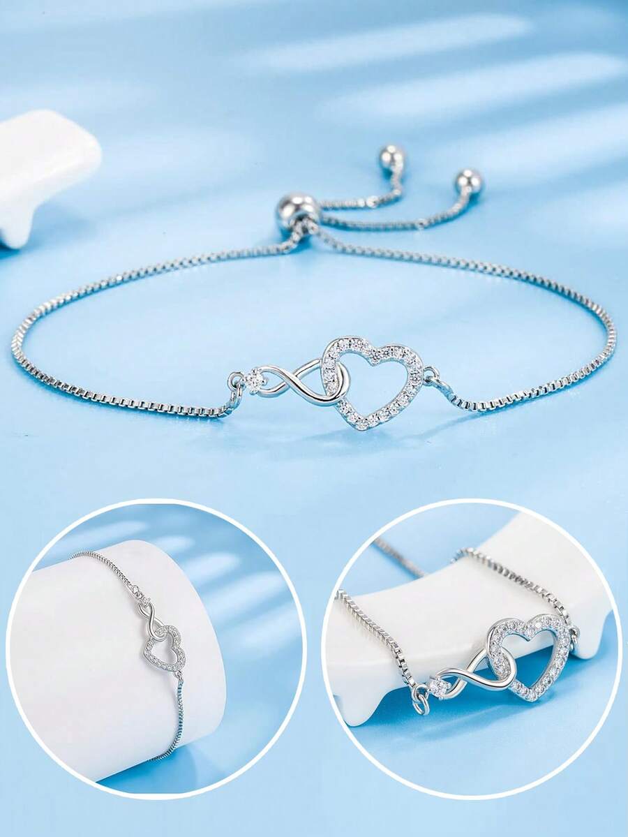 1件装无限符号心形吊坠可调节手链，女儿生日礼物，圣诞礼物，节日礼物，表达你的爱 - 銀色 - 查看 1
