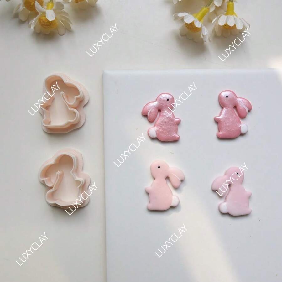 2件套兔子造型聚合物粘土耳环切割器，浮雕兔子粘土切割器，适用于DIY吊坠首饰制作，复活节聚合物粘土工艺工具 - 米色 - 查看 1