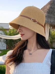 1顶夏季度假宽檐针织镂空遮阳帽，多功能渔夫帽，适合日常使用 - 多色 - 查看 5