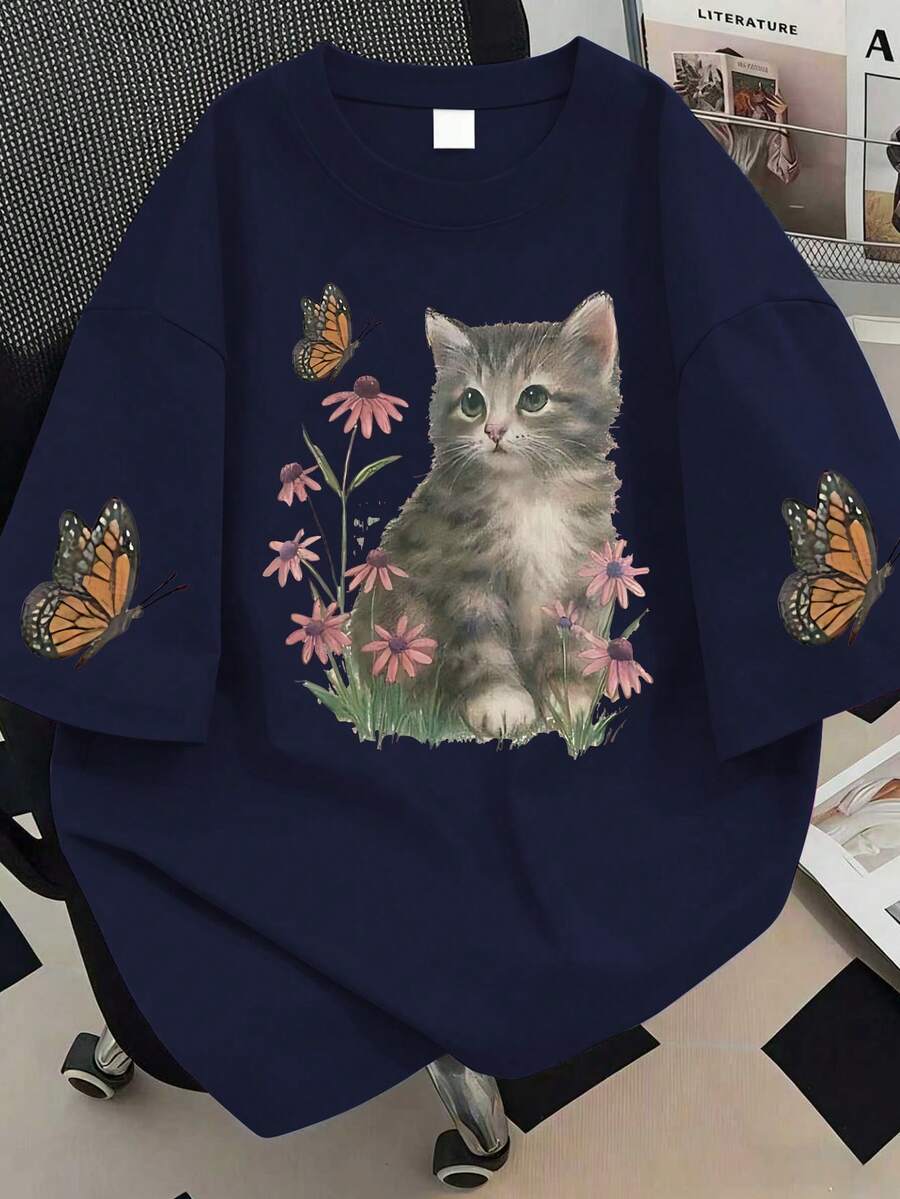 大码女式可爱猫咪花卉印花圆领T恤,适合夏季度假、新年礼物、情人节礼物、日常穿着、外出、节日、海滩、派对、生日、聚会、学校、音乐节、假期、通勤、健身、婚礼、休闲外出等场合。 - 藏蓝色 - 查看 1