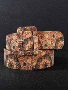 1pc Women's Faux Wood Grain Western Buckle Floral Print Belt, Suitable For Dresses, Skirts And Other Outfits, Bohemian PU Leather Belt, Spring/Summer - Multicolor - View 2