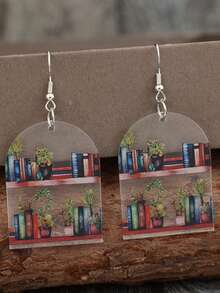 1对复古新款亚克力书本印花毕业耳环，创意时尚亚克力猫形返校教师学生礼物 - 彩色 - 查看 10