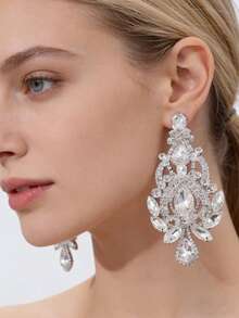 1 Paar elegante funkelnde Kristall-Diamant-Anhänger-Ohrringe, geeignet für Bankette, Hochzeiten und andere Anlässe, übertriebene Diamant-Anhänger-Ohrringe für Frauen - Verschiedenfarbig - Übersicht 2