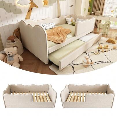 Upholstered Bed Daybed 90 X 190 Cm 3FT Single Bed With Pull Out Trundle Sofa Bed For Adults And Single Daybed With Slatted Frame Linen Beige No Mattress