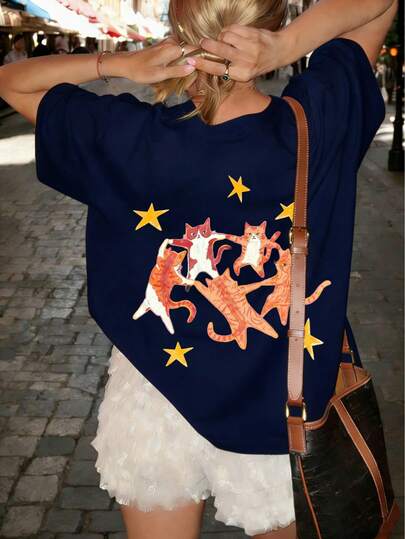 Women's New Casual Cute Pattern Loose Fit Round Neck Short Sleeve T-Shirt, Fashion Daily Vacation Wear. Suitable For Holidays Like Valentine's Day, Back To School, Teacher's Day. Soft, Loose And Comfortable Letter Print Short Sleeve Tee, High-End Street Vacation Loose Casual Versatile Top