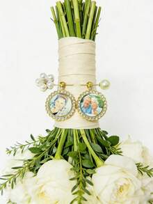 婚礼捧花纪念照片、婚礼捧花纪念吊坠、捧花吊坠、新娘纪念品、定制照片纪念胸针 - 多色-鑲鑽圓-金色 - 查看 11