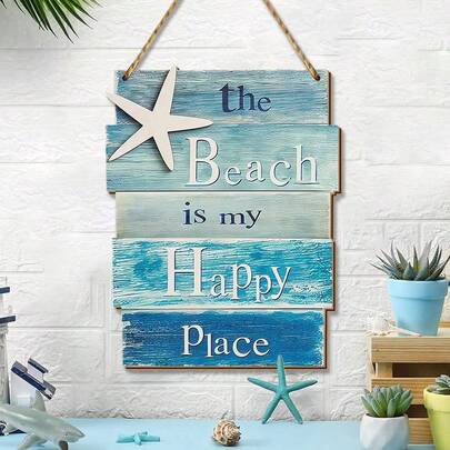1pc 3D Wooden Beach Wall Decor The Beach Is My Happy Place Starfish Beach Sign For Home Decor,Vintage Beach Theme Bathroom Wall Decor Wall Art Plaque With Quote Sayings Farmhouse Living Room Bedroom Kitchen Bathroom Decor,Home Decor ,Room Decor,Wall Decor