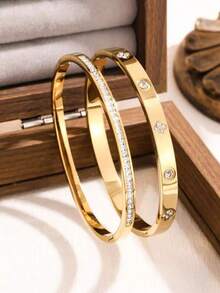 Bộ 2 vòng tay bằng thép titan đính đá, chống thấm nước và chống phai màu, phụ kiện thời trang tối giản và thanh lịch, vòng tay đa năng bán chạy. - Vàng - Xem 9