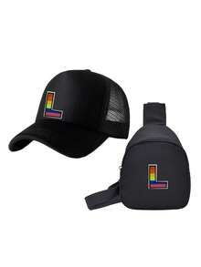 Set de 2 piezas de gorra de béisbol con malla con letra y mochila para niños, gorra deportiva transpirable con protección solar y correa ajustable, bolsa de cintura y bolso cruzado para viaje para niños de 3 a 12 años - Negro - Ver 8
