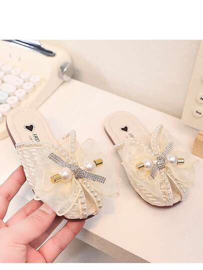 Girls' Princess Sandals - Summer 2025 New Design - Fish-Tip Style - Korean Version - Fashionable Mid-Size Children's Bowknot Crystal Strappy Sandals