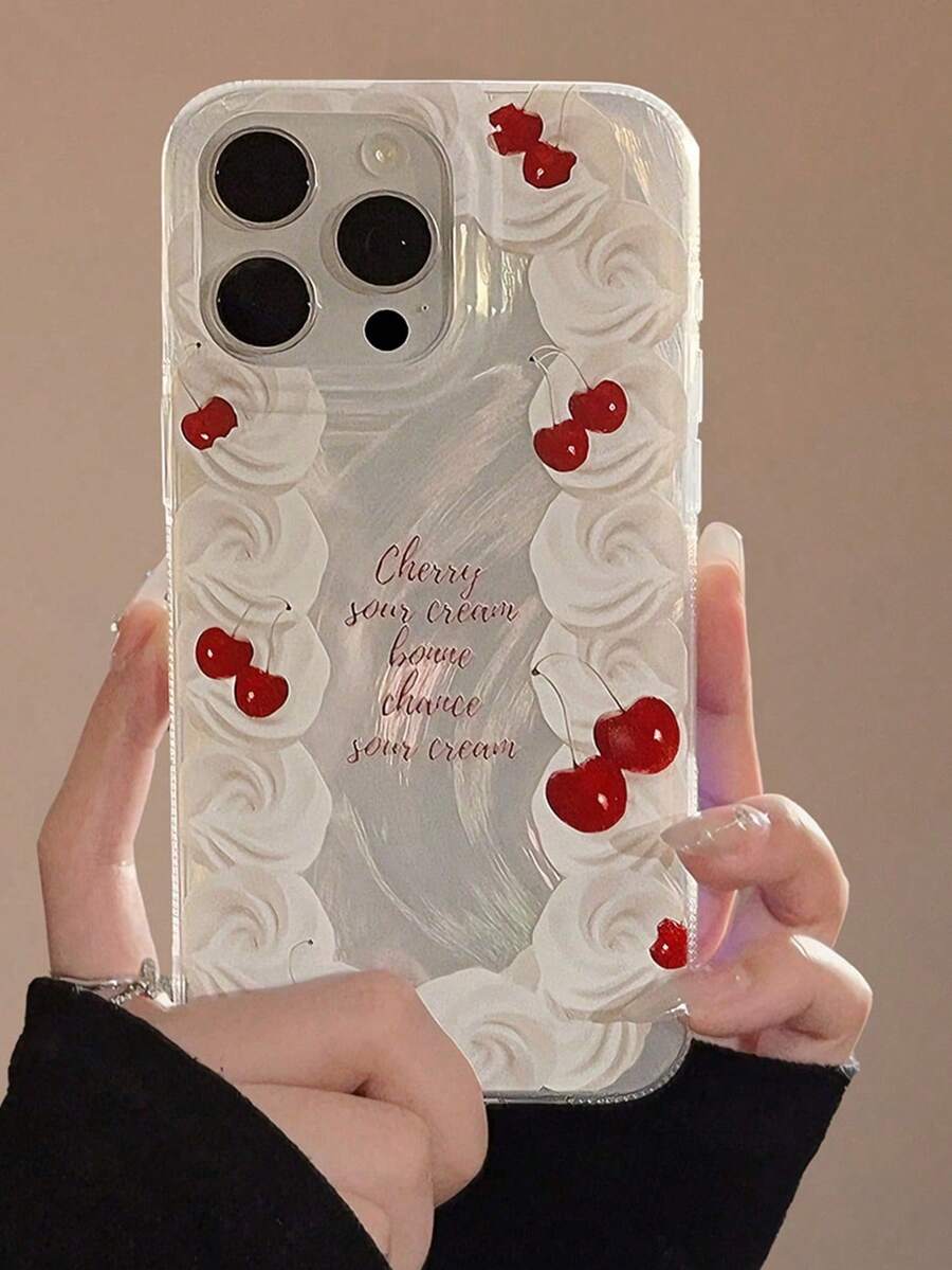 1pc Cherry Cream Feather Protective Case, Full Coverage Anti-Drop Phone Case Suitable For IPhone11/12/13/14/15/16/17/PROMAX - Apricot - View 1