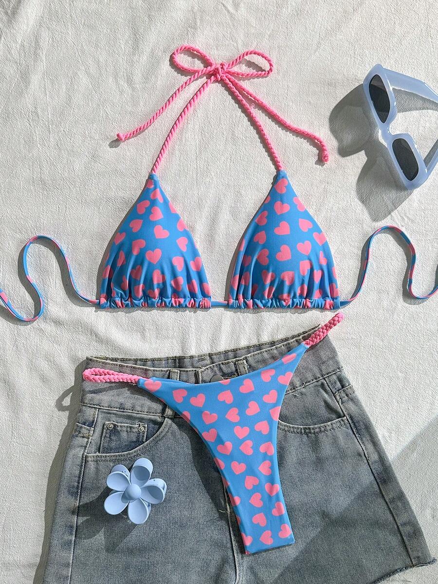 Women's Backless Tie-Up Bikini Set, With Heart Print And Thong, Casual Stretchy Swimwear Vacation - Blue - View 1