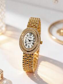 1pc Luxury Elegant Women's Quartz Watch Oval Dial With Classic Roman Numerals & Double Layer Rhinestone Bezel Polished Gold-Tone Case Premium Alloy Material Exquisite Metal Bracelet Strap - White - View 1