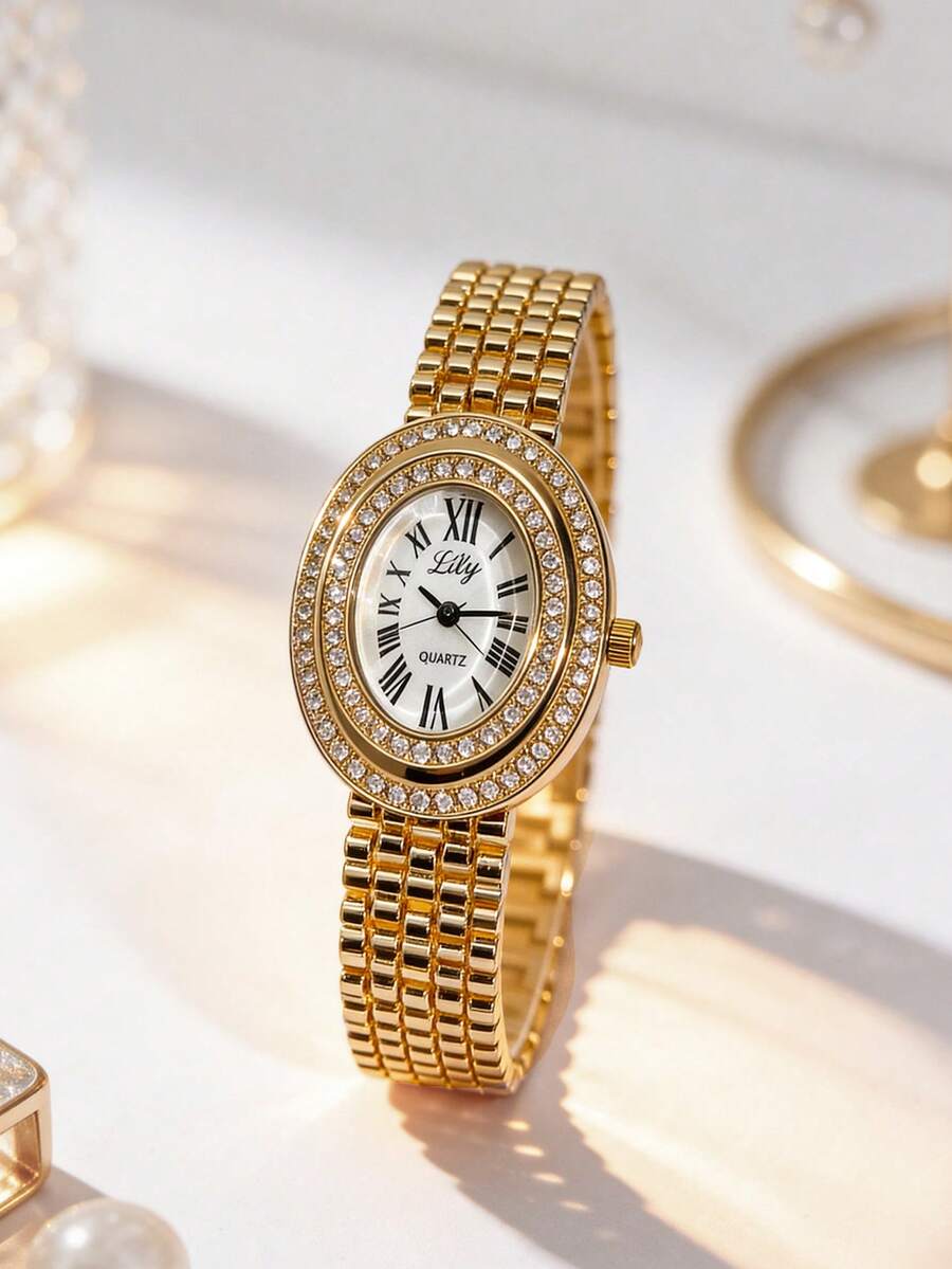 1pc Luxury Elegant Women's Quartz Watch Oval Dial With Classic Roman Numerals & Double Layer Rhinestone Bezel Polished Gold-Tone Case Premium Alloy Material Exquisite Metal Bracelet Strap - White - View 1