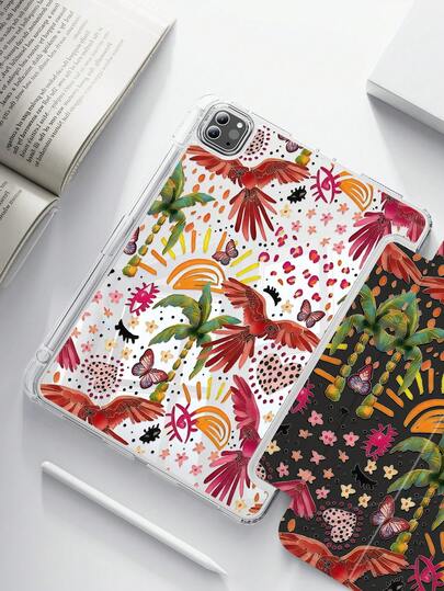 A Cute Cartoon Tropical Rainforest Parrot Pattern Double-Sided Acrylic Transparent Crystal Back Cover, Shock-Absorbing, Suitable For IPad 7th, 8th, 10th Generation (10.2 Inch), Built-In Pen Slot, Support Sleep/Wake Function, An Ideal Gift Choice