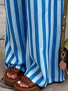 Women's Blue & White Striped Woven Wide Leg Casual Beach Pants, Spring/Summer - White - View 5