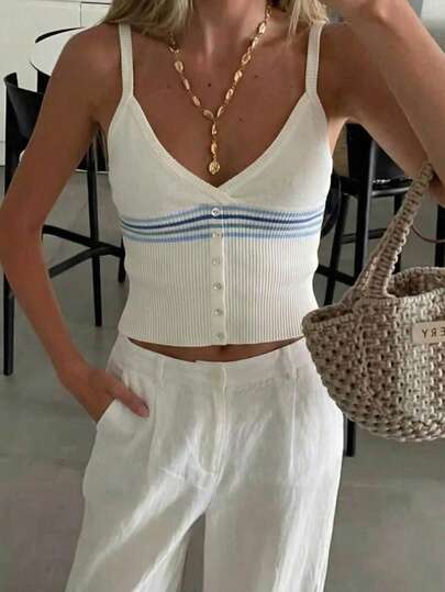 Women's Blogger Style Sleeveless Crop Top, Colorblock Striped Low-Cut