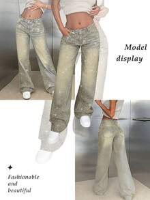 Vintage Washed Diamond Decor High Waist Wide Leg Jeans - Women's Elegant Casual Sparkling Loose Fit Jeans Suitable For Summer, Party, Graduation, Country Music Festival, Boho, Vacation Winter - Light Wash - View 1