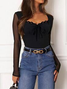 Women's Elegant Black Square Neck Long Sleeve Top, Mesh Splice Sleeves, Regular Length, Front Tie Detail, Medium Stretch Fabric Lace Collar Knit Sweater - Black - View 4